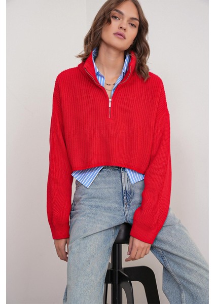 6752 Kadın Crop Fermuarlı Kazak Kırmızı fiyatları