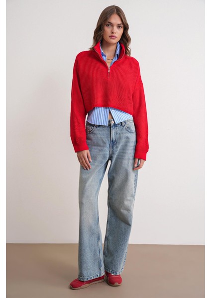 6752 Kadın Crop Fermuarlı Kazak Kırmızı modelleri