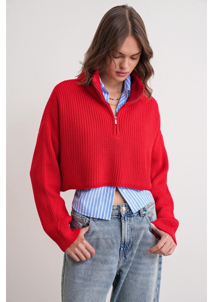 6752 Kadın Crop Fermuarlı Kazak Kırmızı fırsatları