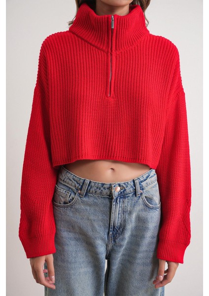 6752 Kadın Crop Fermuarlı Kazak Kırmızı indirimleri