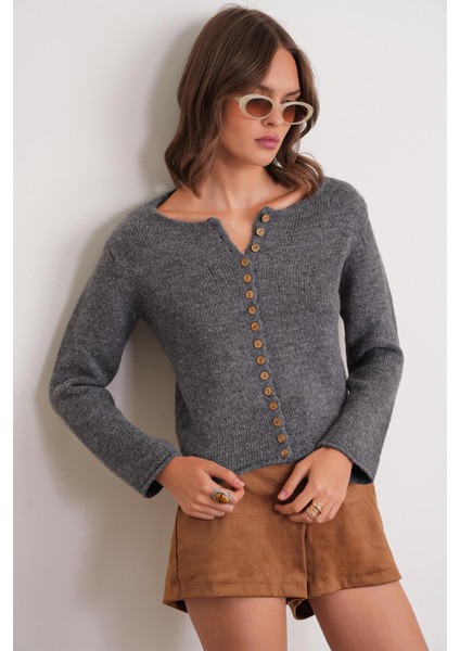 6957 Kadın Düğmeli Bisiklet Yaka Triko Hırka Antrasit