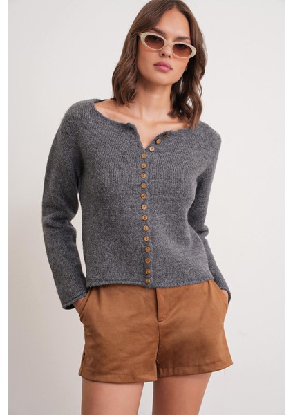 6957 Kadın Düğmeli Bisiklet Yaka Triko Hırka Antrasit modelleri