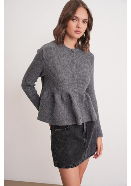 6958 Kadın Triko Peplum Hırka Antrasit modelleri