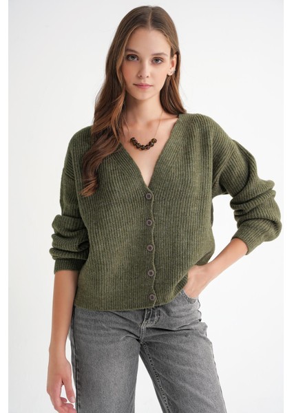 6943 Kadın V Yaka Selanik Hırka Haki