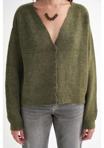 6943 Kadın V Yaka Selanik Hırka Haki indirimleri