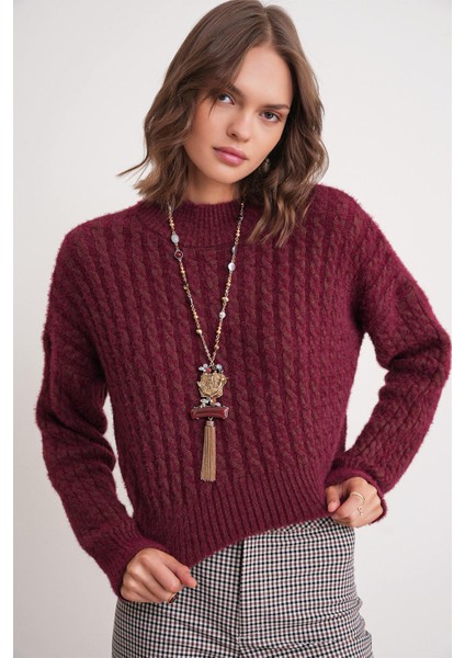 6893 Kadın Saç Örgülü Sakallı Crop Triko Kazak Bordo