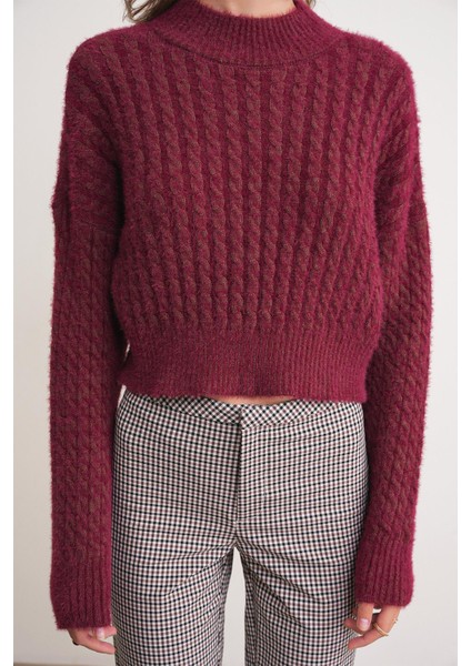 6893 Kadın Saç Örgülü Sakallı Crop Triko Kazak Bordo fırsatları