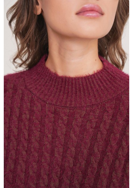 6893 Kadın Saç Örgülü Sakallı Crop Triko Kazak Bordo indirimleri