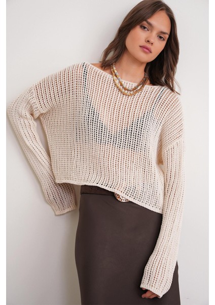 6864 Kadın Ajurlu File Mevsimlik Triko Kazak Beyaz