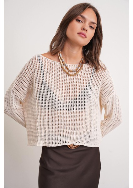 6864 Kadın Ajurlu File Mevsimlik Triko Kazak Beyaz modelleri