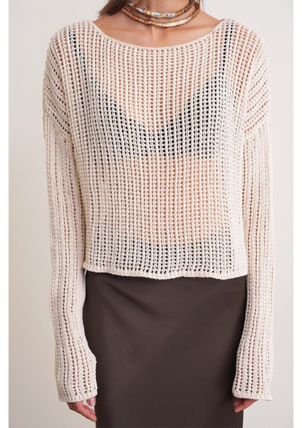 6864 Kadın Ajurlu File Mevsimlik Triko Kazak Beyaz indirimleri