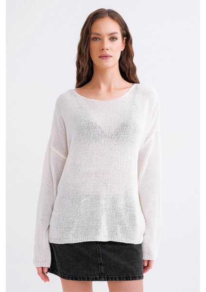 6933 Kadın Kayık Yaka Ince Mevsimlik Triko Kazak Beyaz modelleri