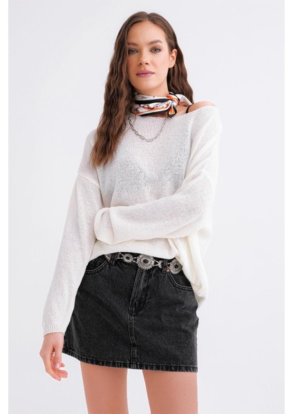 6933 Kadın Kayık Yaka Ince Mevsimlik Triko Kazak Beyaz fırsatları