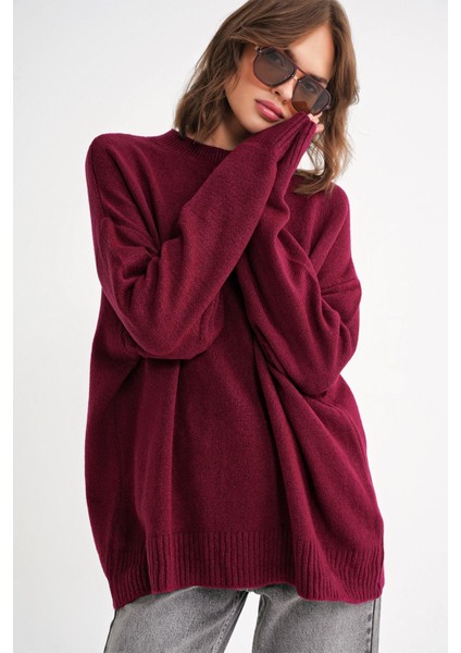 6913 Kadın Salaş Yumuşak Dokulu Oversize Triko Kazak Bordo