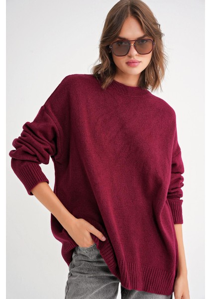 6913 Kadın Salaş Yumuşak Dokulu Oversize Triko Kazak Bordo fiyatları