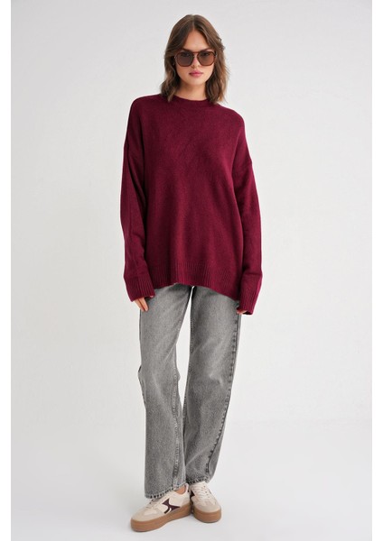 6913 Kadın Salaş Yumuşak Dokulu Oversize Triko Kazak Bordo modelleri