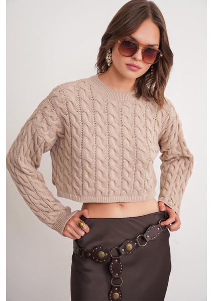 6863 Kadın Saç Örgülü Crop Triko Kazak Vizon