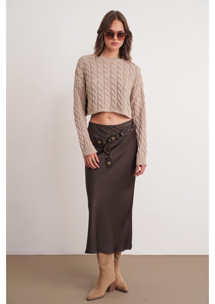 6863 Kadın Saç Örgülü Crop Triko Kazak Vizon fiyatları