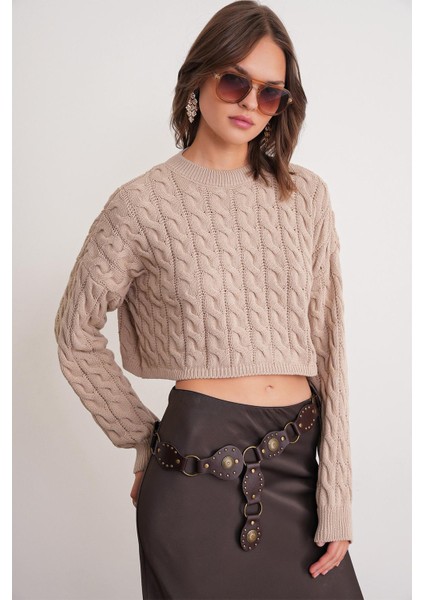 6863 Kadın Saç Örgülü Crop Triko Kazak Vizon modelleri