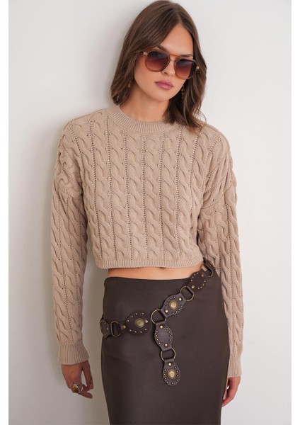 6863 Kadın Saç Örgülü Crop Triko Kazak Vizon fırsatları