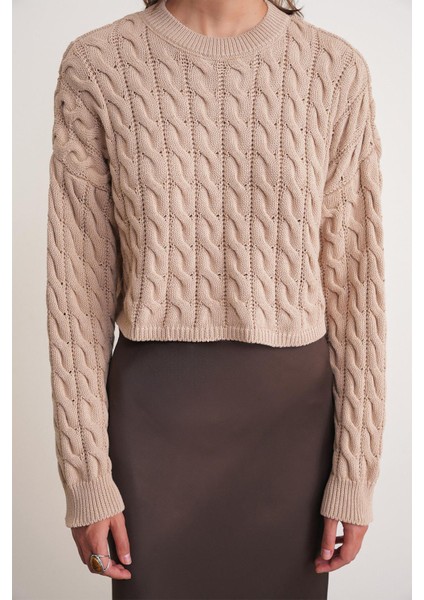 6863 Kadın Saç Örgülü Crop Triko Kazak Vizon indirimleri