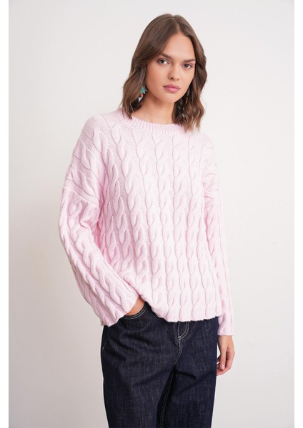 6973 Kadın Saç Örgülü Regular Basic Triko Kazak Pembe