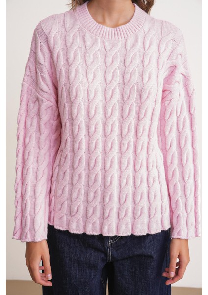 6973 Kadın Saç Örgülü Regular Basic Triko Kazak Pembe indirimleri