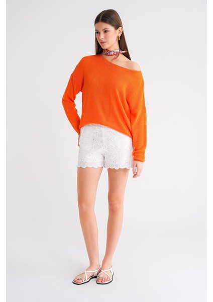6933 Kadın Kayık Yaka Ince Mevsimlik Triko Kazak Turuncu fiyatları
