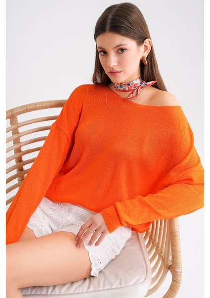6933 Kadın Kayık Yaka Ince Mevsimlik Triko Kazak Turuncu fırsatları