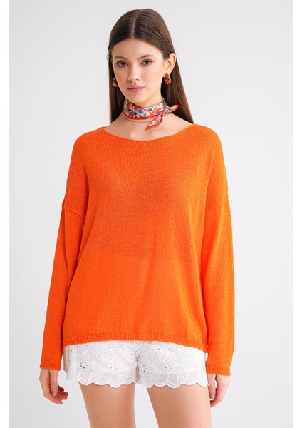 6933 Kadın Kayık Yaka Ince Mevsimlik Triko Kazak Turuncu indirimleri