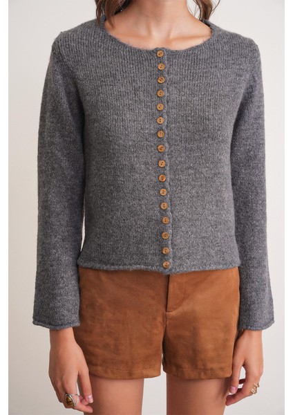 6957 Kadın Düğmeli Bisiklet Yaka Triko Hırka Antrasit indirimleri