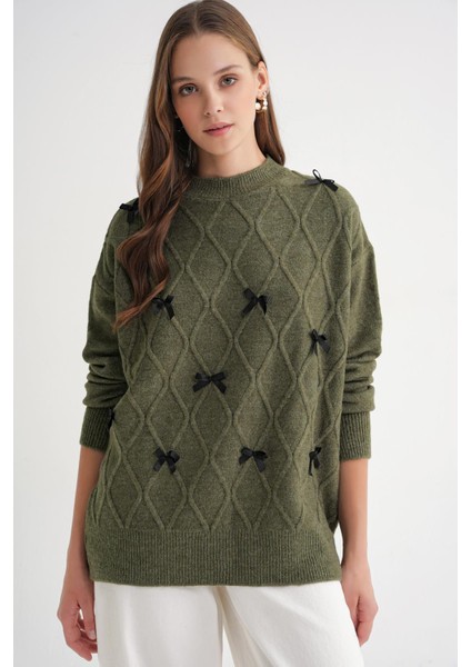 6946 Kadın Oversize Bisiklet Yaka Kurdeleli Triko Kazak Haki modelleri