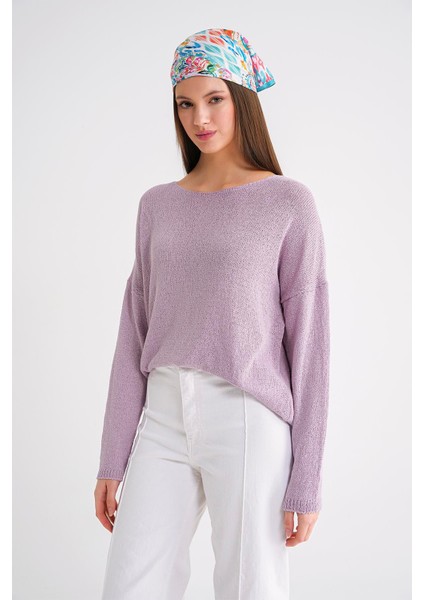 6933 Kadın Kayık Yaka Ince Mevsimlik Triko Kazak Lila