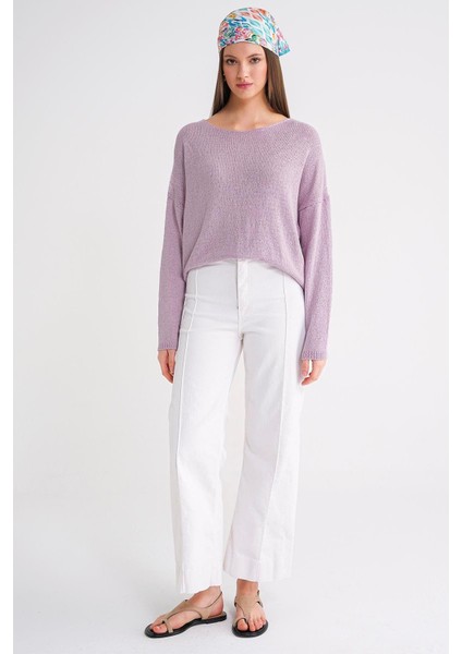 6933 Kadın Kayık Yaka Ince Mevsimlik Triko Kazak Lila fiyatları