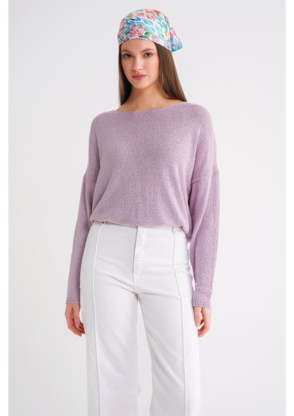 6933 Kadın Kayık Yaka Ince Mevsimlik Triko Kazak Lila modelleri