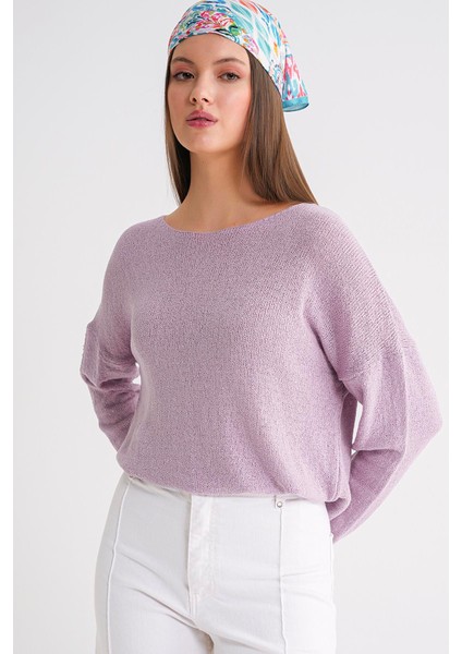 6933 Kadın Kayık Yaka Ince Mevsimlik Triko Kazak Lila indirimleri