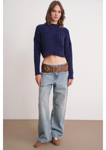 6893 Kadın Saç Örgülü Sakallı Crop Triko Kazak Lacivert fiyatları