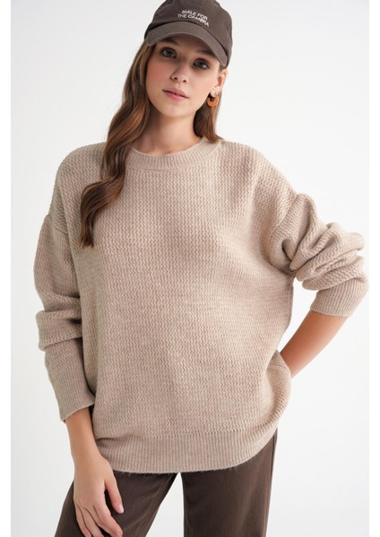 6949 Kadın Bisiklet Yaka Ince Örgülü Triko Kazak Bej