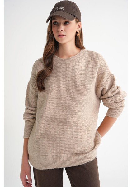 6949 Kadın Bisiklet Yaka Ince Örgülü Triko Kazak Bej modelleri