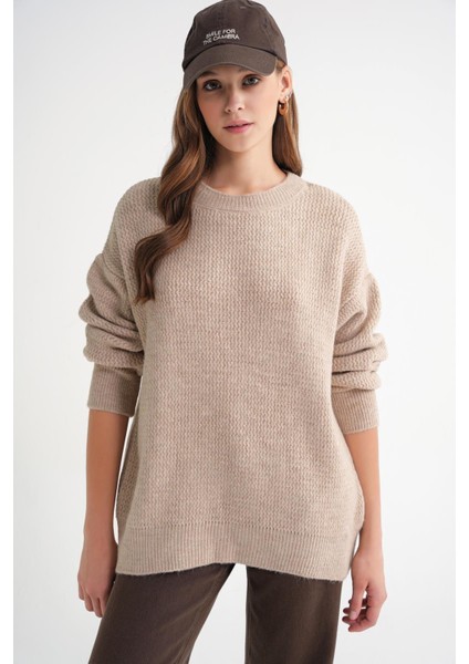 6949 Kadın Bisiklet Yaka Ince Örgülü Triko Kazak Bej fırsatları