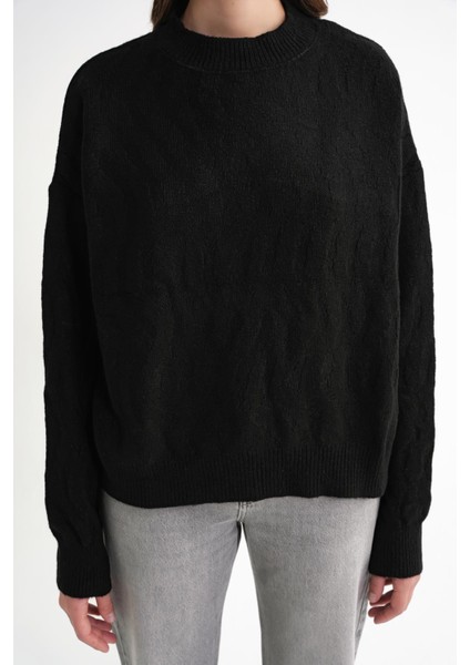 6947 Kadın Kendinden Desenli Oversize Triko Kazak Siyah indirimleri