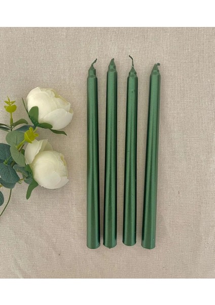 4'lü Metalik Yeşil-Şamdan Mum-Konik Mum