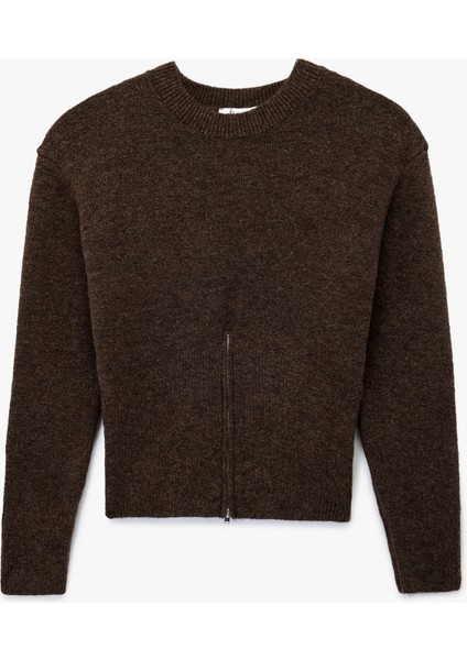 Uzun Kollu Bisiklet Yaka Fermuar Detaylı Triko Kazak