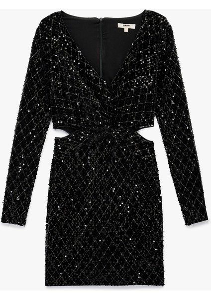 Payetli Pencere Detaylı Uzun Kollu V Yaka Mini Bodycon Abiye Elbise