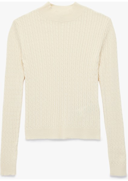 Regular Fit Uzun Kollu Hafif Dik Yaka Saç Örgü Kazak