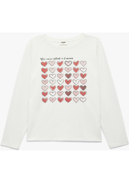 Uzun Kollu Pamuklu Bisiklet Yaka Simli Kalp Baskılı Tişört