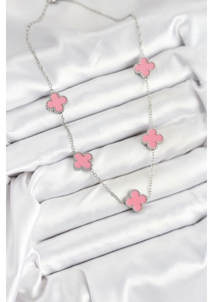 316L Çelik Zincir Gümüş Pembe Renk Yonca Kadın Kolye fiyatları