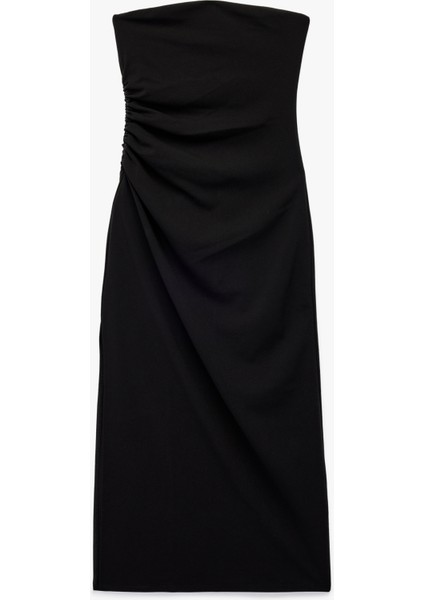 Krep Scuba Kumaş Slim Fit Drape Detaylı Straplez Kalem Elbise