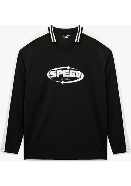 Rahat Kalıp Uzun Kollu Baskılı Polo Yaka Spor Tişört
