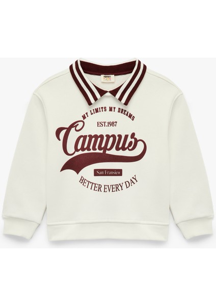 Şardonlu Uzun Kollu Baskılı Gömlek Yaka Sweatshirt
